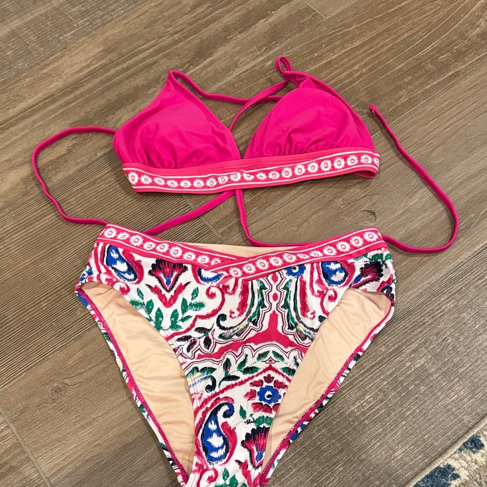 Hot Pink Floral Pattern Two-Piece Bikini